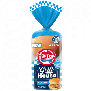 Tip Top Grill House Classic Burger Buns 4 pack in blue checkered packaging - Soft and Sweet Burger Buns with a 3.5 Health Star Rating