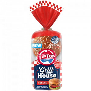 Tip Top Grill House Seeded Burger Buns 4 pack in red checkered packaging - Gourmet Glazed Seeded Burger Buns with a 3.5 Health Star Rating