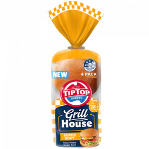 Tip Top Grill House Super Soft Burger Buns 4 pack in gold checkered packaging - Tasty Potato Burger Buns with a 3.3 Health Star Rating